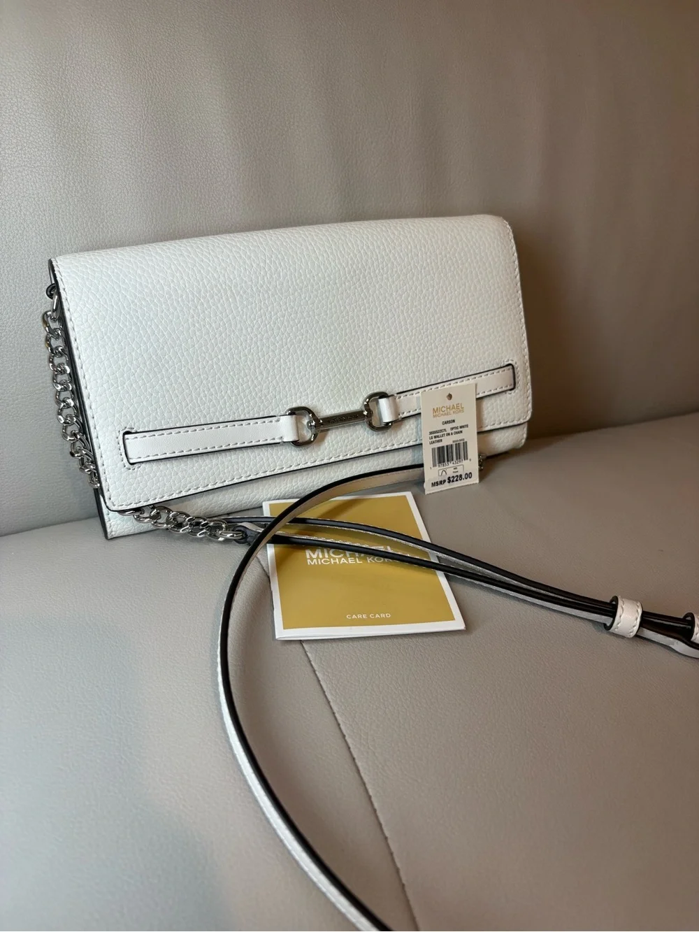 MICHAEL Michael Kors Optic White Leather Crossbody Clutch with Silver Chain